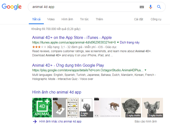 Chỉ cần vào tìm Animal 4D App là có thể tải về cài trên smart phone của mình